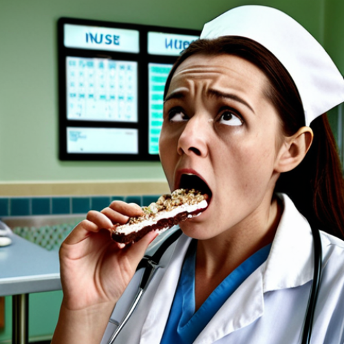 Home 11 **A stressed nurse quickly eating a nutrition bar amidst the chaos of a hospital ward, surrounded by ringing alarms and patient charts. The nurse looks exhausted and overwhelmed.**