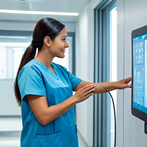 Home 24 A professional nurse in a modest, modern uniform, standing in a brightly lit, futuristic hospital room. The nurse is shown interacting with a transparent holographic medical display showing patient data, while also gently holding an elderly patient's hand, embodying the seamless integration of advanced technology and compassionate human care. The background features subtle, clean lines of a high-tech medical facility. fully clothed, appropriate attire, safe for work, perfect anatomy, correct proportions, natural pose, well-formed hands, proper finger count, natural body proportions, professional photography, high quality.