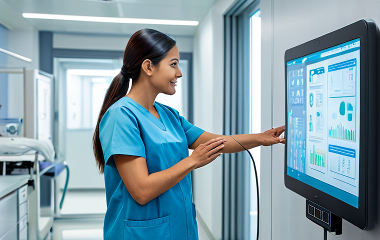 A professional nurse in a modest, modern uniform, standing in a brightly lit, futuristic hospital room. The nurse is shown interacting with a transparent holographic medical display showing patient data, while also gently holding an elderly patient's hand, embodying the seamless integration of advanced technology and compassionate human care. The background features subtle, clean lines of a high-tech medical facility. fully clothed, appropriate attire, safe for work, perfect anatomy, correct proportions, natural pose, well-formed hands, proper finger count, natural body proportions, professional photography, high quality.