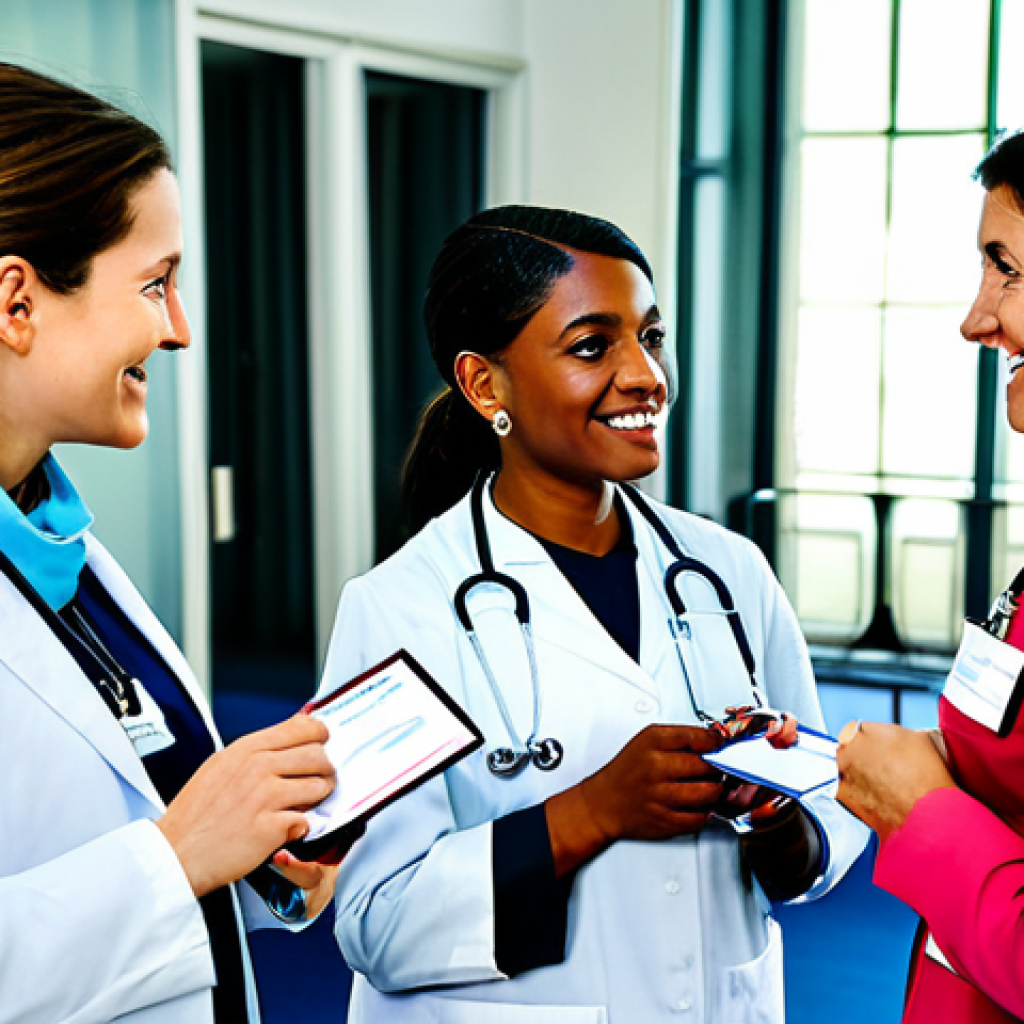 Professional Development & Networking**

"A diverse group of fully clothed, professional nurses at a medical conference in Paris. They are engaged in conversation, exchanging business cards, and attending workshops. The setting is a modern conference center with bright lighting and displays showing medical advancements. Appropriate attire, safe for work, family-friendly, perfect anatomy, correct proportions, well-formed hands, professional photography, high quality."

**