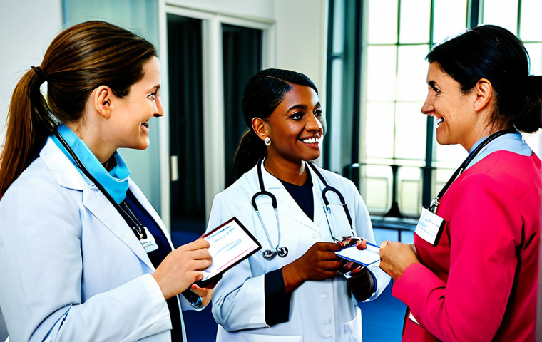 Professional Development & Networking**
"A diverse group of fully clothed, professional nurses at a medical conference in Paris. They are engaged in conversation, exchanging business cards, and attending workshops. The setting is a modern conference center with bright lighting and displays showing medical advancements. Appropriate attire, safe for work, family-friendly, perfect anatomy, correct proportions, well-formed hands, professional photography, high quality."
**