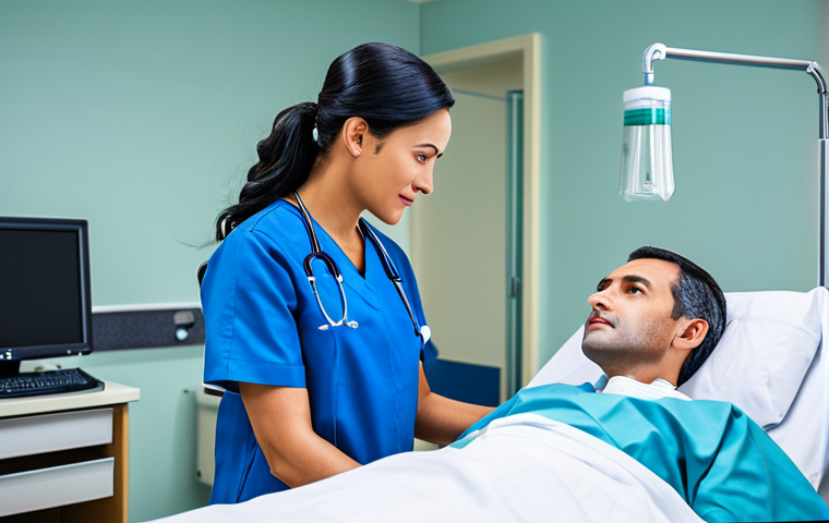 **Image Prompt:** A professional nurse in a modest blue uniform, assisting a doctor in a brightly lit hospital room with modern medical equipment, fully clothed, appropriate content, safe for work, perfect anatomy, natural proportions, professional.