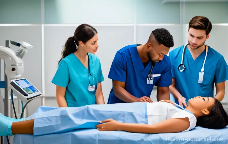 간호사 신규 교육 프로그램 - **Prompt**: A compassionate female nurse, dressed in a modern, clean, and professional blue scrub un...