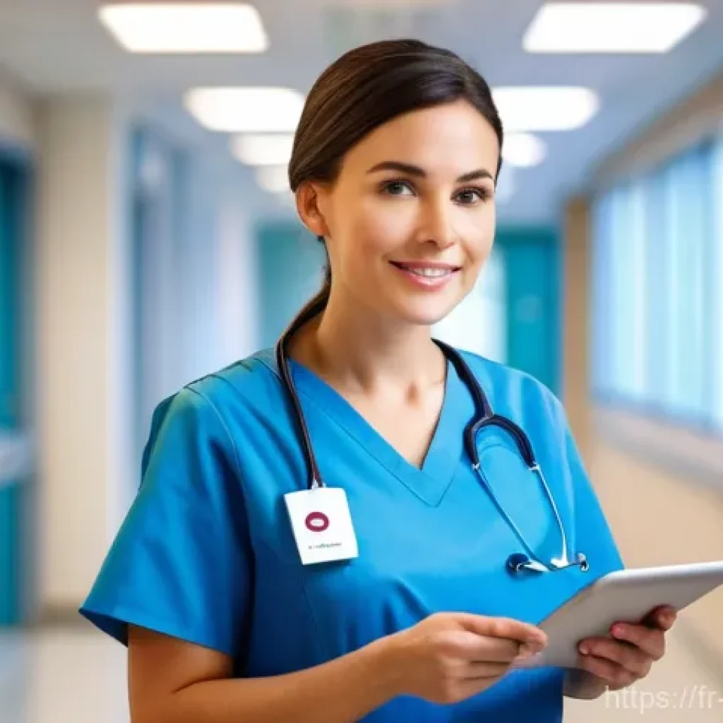 간호사의 기술 활용 및 디지털화 사례 - **Prompt: "A professional French nurse, mid-30s, with a warm but focused expression, is standing in ...