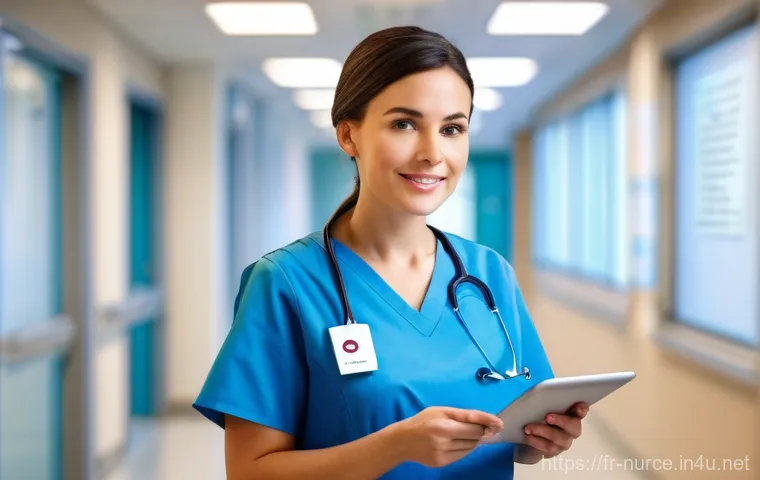 간호사의 기술 활용 및 디지털화 사례 - **Prompt: "A professional French nurse, mid-30s, with a warm but focused expression, is standing in ...