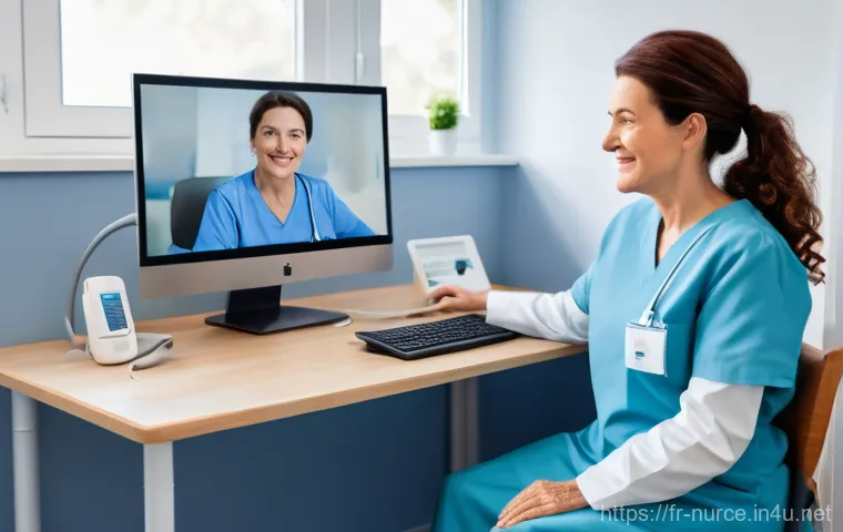 간호사의 기술 활용 및 디지털화 사례 - **Prompt: "A professional French nurse, mid-30s, with a warm but focused expression, is standing in ...