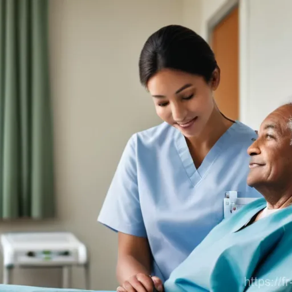 간호사와 환자 간의 의사소통 방법 - **Prompt:** A compassionate female nurse, dressed in clean, light-colored scrubs, is sitting at eye ...