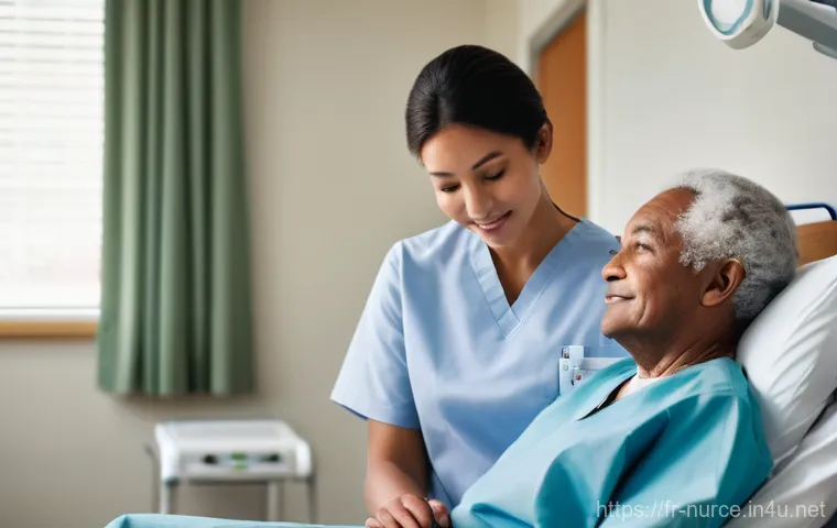 간호사와 환자 간의 의사소통 방법 - **Prompt:** A compassionate female nurse, dressed in clean, light-colored scrubs, is sitting at eye ...