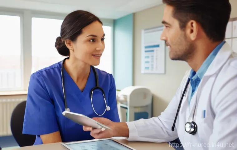 간호사와 환자 간의 의사소통 방법 - **Prompt:** A kind male nurse, with an open and approachable posture, is kneeling beside the bed of ... 간호사와 환자 간의 의사소통 방법 - **Prompt:** A kind male nurse, with an open and approachable posture, is kneeling beside the bed of ...