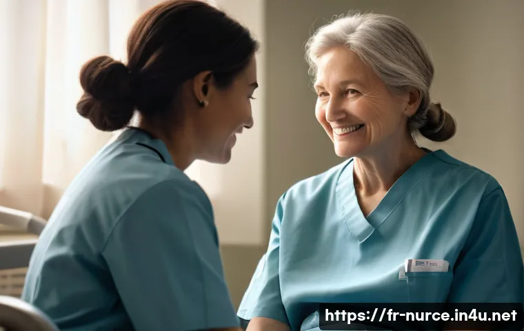 간호사 윤리와 책임 - **Prompt: Compassionate Connection in a Modern Hospital**
    "A heartwarming scene depicting a fema...