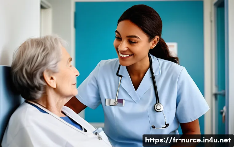 간호사의 윤리적 의사결정 과정 - A compassionate nurse in a modern French hospital setting, wearing professional scrubs and a name ba...