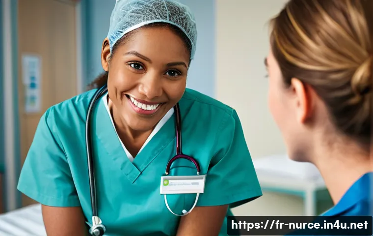 간호사 직업 만족도와 현실 - A compassionate nurse in a modern French hospital setting, attentively listening to an elderly patie...