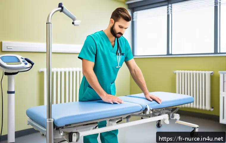 간호사 직업병과 예방 방법 - A professional healthcare worker in a modern hospital setting demonstrating proper patient lifting t...