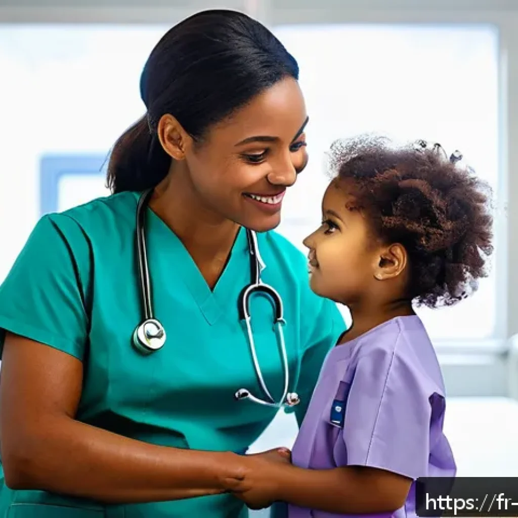 간호사 면접에서의 실무 질문 대비 - A professional nurse in a modern French hospital pediatric ward, wearing clean, well-fitted scrubs a...