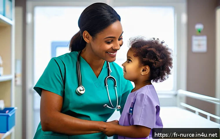 간호사 면접에서의 실무 질문 대비 - A professional nurse in a modern French hospital pediatric ward, wearing clean, well-fitted scrubs a...