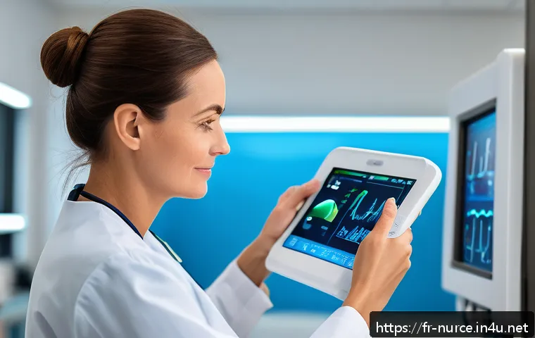 간호사의 간병과 간호의 차이 - A compassionate nurse in a modern French hospital setting attentively monitoring a patient&rsquo;s vital s...