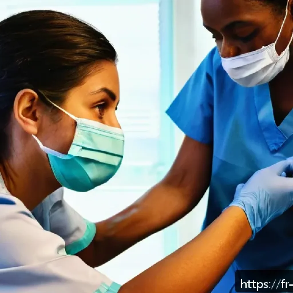 간호사로서의 봉사 활동 경험 - A compassionate nurse volunteer wearing professional scrubs and a face mask, skillfully applying a c...