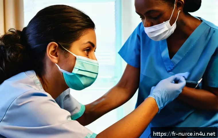 간호사로서의 봉사 활동 경험 - A compassionate nurse volunteer wearing professional scrubs and a face mask, skillfully applying a c...