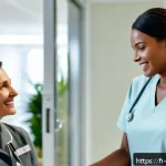간호사와 환자 가족 간의 관계 - A warm and empathetic nurse welcoming a French family in a softly lit hospital reception area, showi...