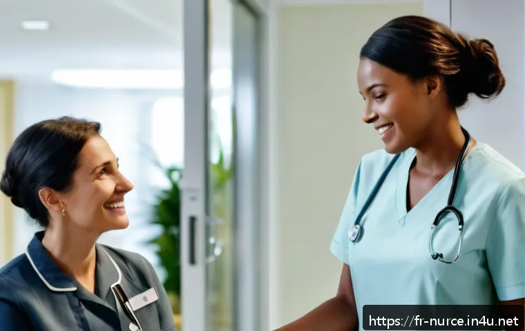 간호사와 환자 가족 간의 관계 - A warm and empathetic nurse welcoming a French family in a softly lit hospital reception area, showi...