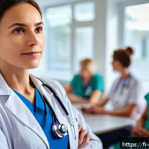 간호사 팀장의 리더십 사례 - A compassionate female nurse leader in a modern French hospital setting, attentively listening to a ...