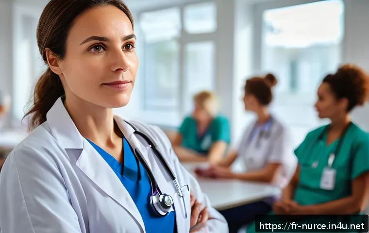 간호사 팀장의 리더십 사례 - A compassionate female nurse leader in a modern French hospital setting, attentively listening to a ...