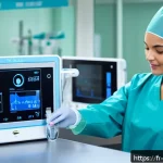 간호사 의료기기 사용법과 주의점 - A detailed hospital scene showing a nurse preparing an infusion pump in a clean, sterile environment...
