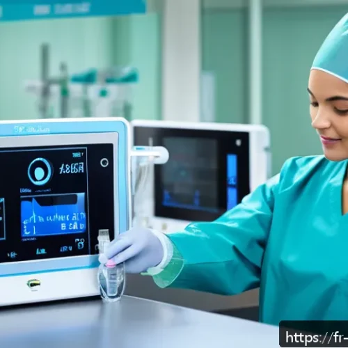 간호사 의료기기 사용법과 주의점 - A detailed hospital scene showing a nurse preparing an infusion pump in a clean, sterile environment...