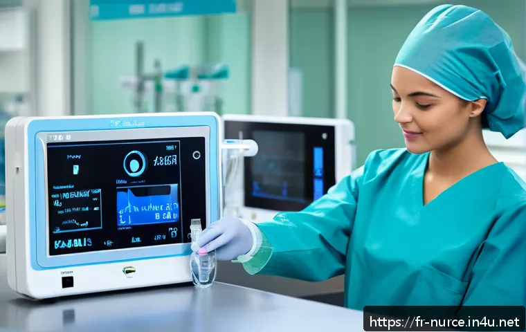 간호사 의료기기 사용법과 주의점 - A detailed hospital scene showing a nurse preparing an infusion pump in a clean, sterile environment...