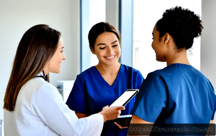 간호사의 병원 문화 적응 팁 - Photorealistic French hospital orientation scene, a newly hired nurse in clean navy scrubs warmly we...