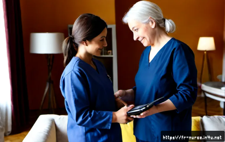 간호사와 함께하는 환자 가정 방문 - Photorealistic French home healthcare visit, compassionate female nurse in clean navy scrubs with a ...