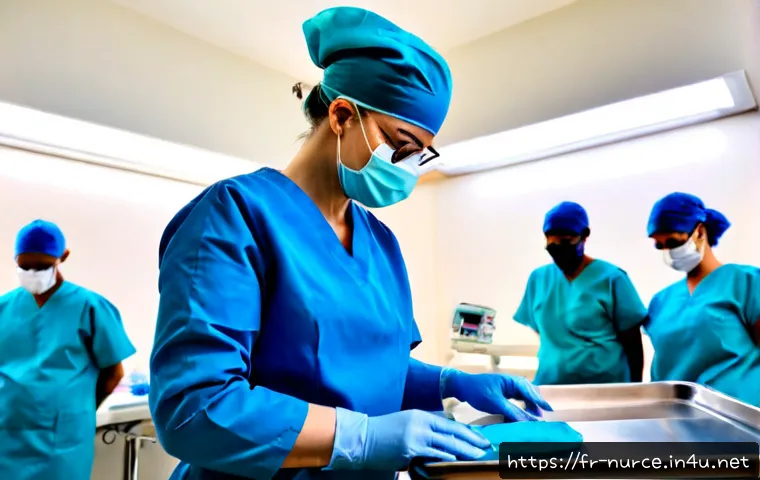 Home 17 간호사의 수술실 근무 경험 - Photorealistic operating room in a modern French public hospital, experienced adult nurse in clean b...